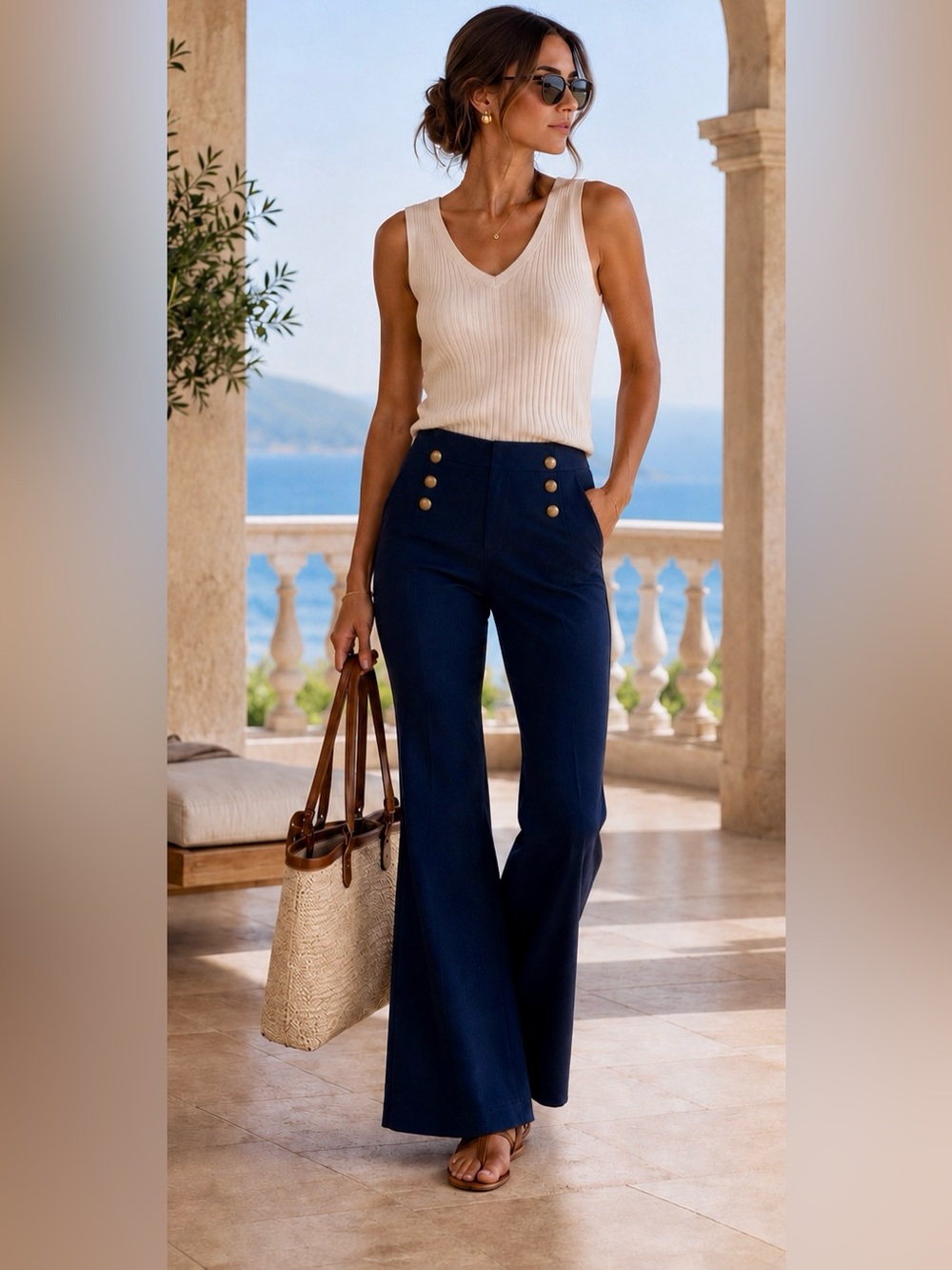 Express Women’s Size 4R Navy Sailor Flare Pants Gold Button High Rise NWT